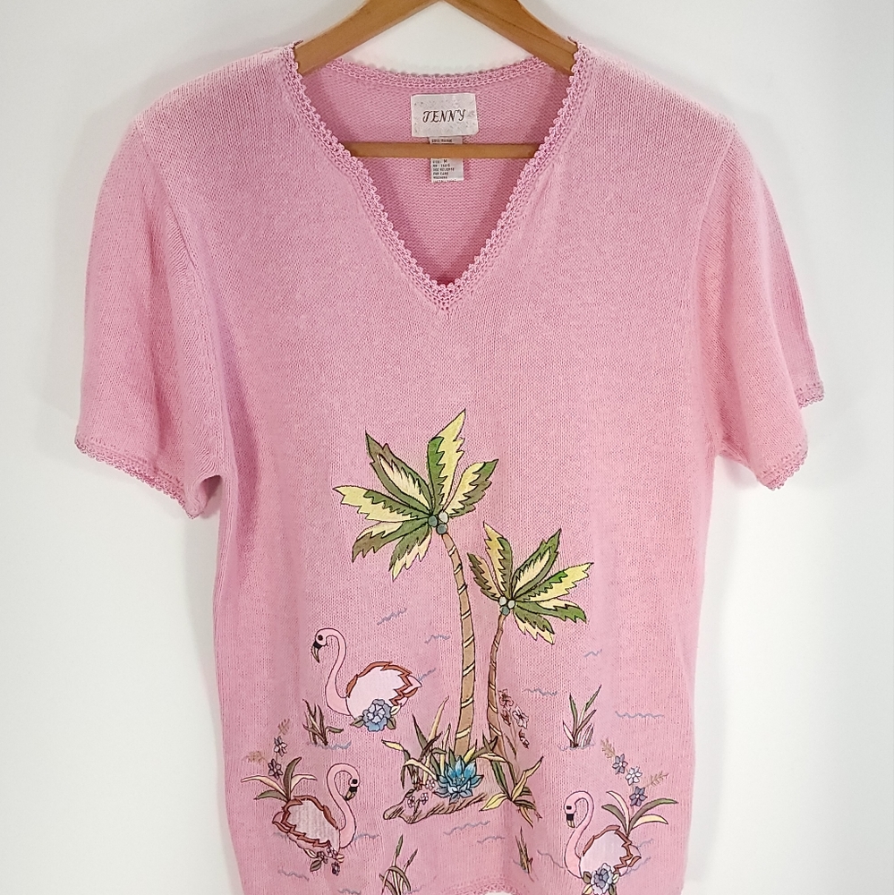 Vtg Flamingos Palms Sweater Women's Med Pink Embroidered Pullover Jenny